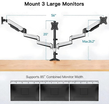 HUANUO Drievoudige Monitor Standaard voor 13-32 Inch Gebogen Flatscreens, In Hoogte Verstelbare Monitorarm met Kolom, Full Motion Gasveer Monitorsteun, Gewichtscapaciteit 8kg Per Arm