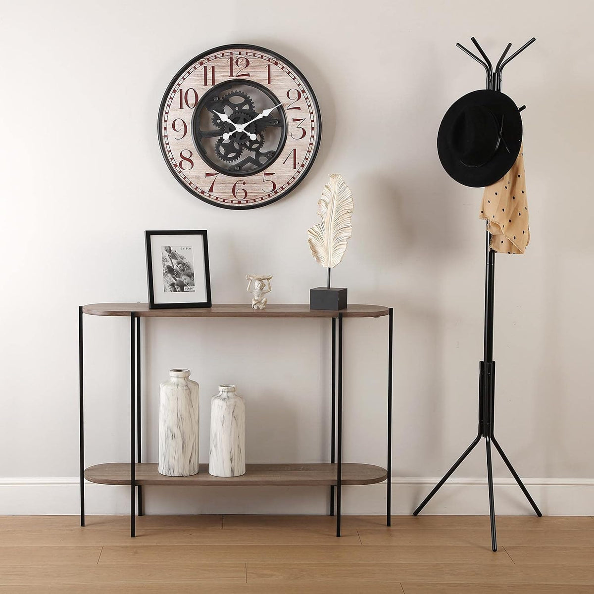 Versa Lizzy Smalle hal of vestibule Entree hal meubilair, Console Tafel, Met bodemplank, Afmetingen (H x B x H) 80 x 25 x 110 cm, Hout en Metaal, Kleur Bruin en zwart