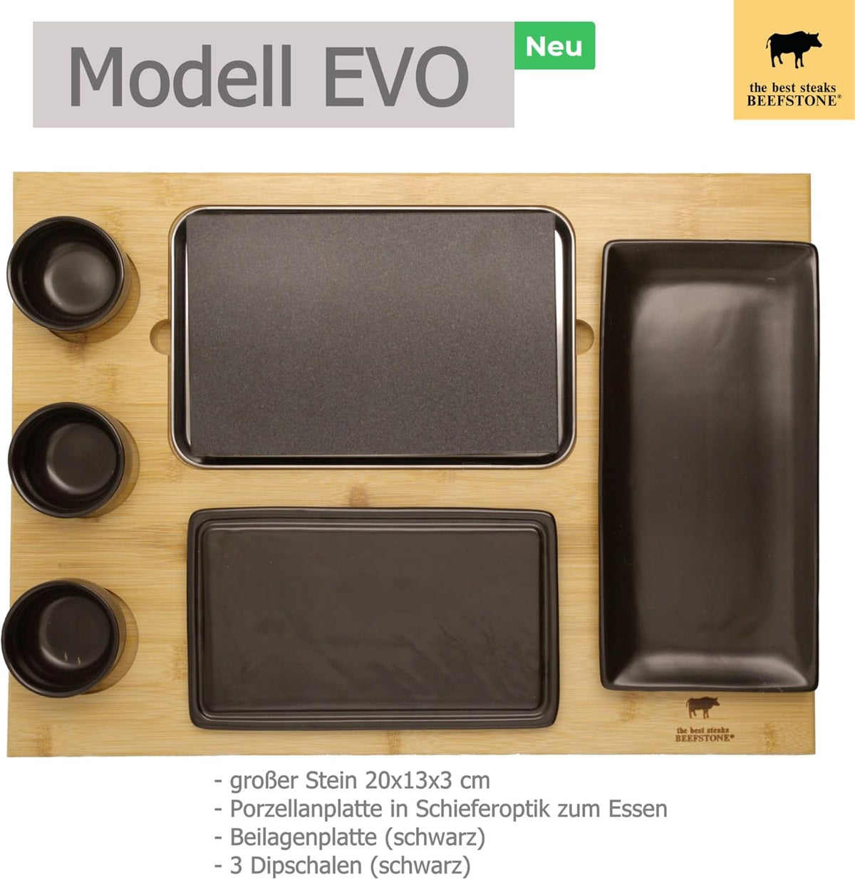 Hot Stone Steakbord – Lavasteen Steakbord – Hot Stone Steengrill Set – Hete Steen Grillplaat – Tafelgrill – 8-Delig Met 3 Dipschalen En Extra Plaat – Hete Lavasteen Tot Boven 300 °C