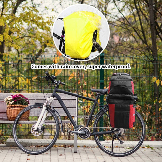 3-in-1 Fietstas - Fietstassen - Dubbele Fietstas - Multifunctioneel Bagagedragertas - Scheurvast - Grote Bagagetassen - met Regenhoes - 70L - Nylon - Rood