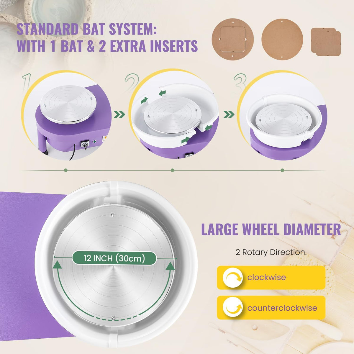 Pottenbakkersschijf – Keramiekdraaischijf – Pottenbakkerswiel – Elektrische Draaischijf – Pottenbakkersplaat Lila – 30 cm Diameter – 350 W Motorkracht - QUORE