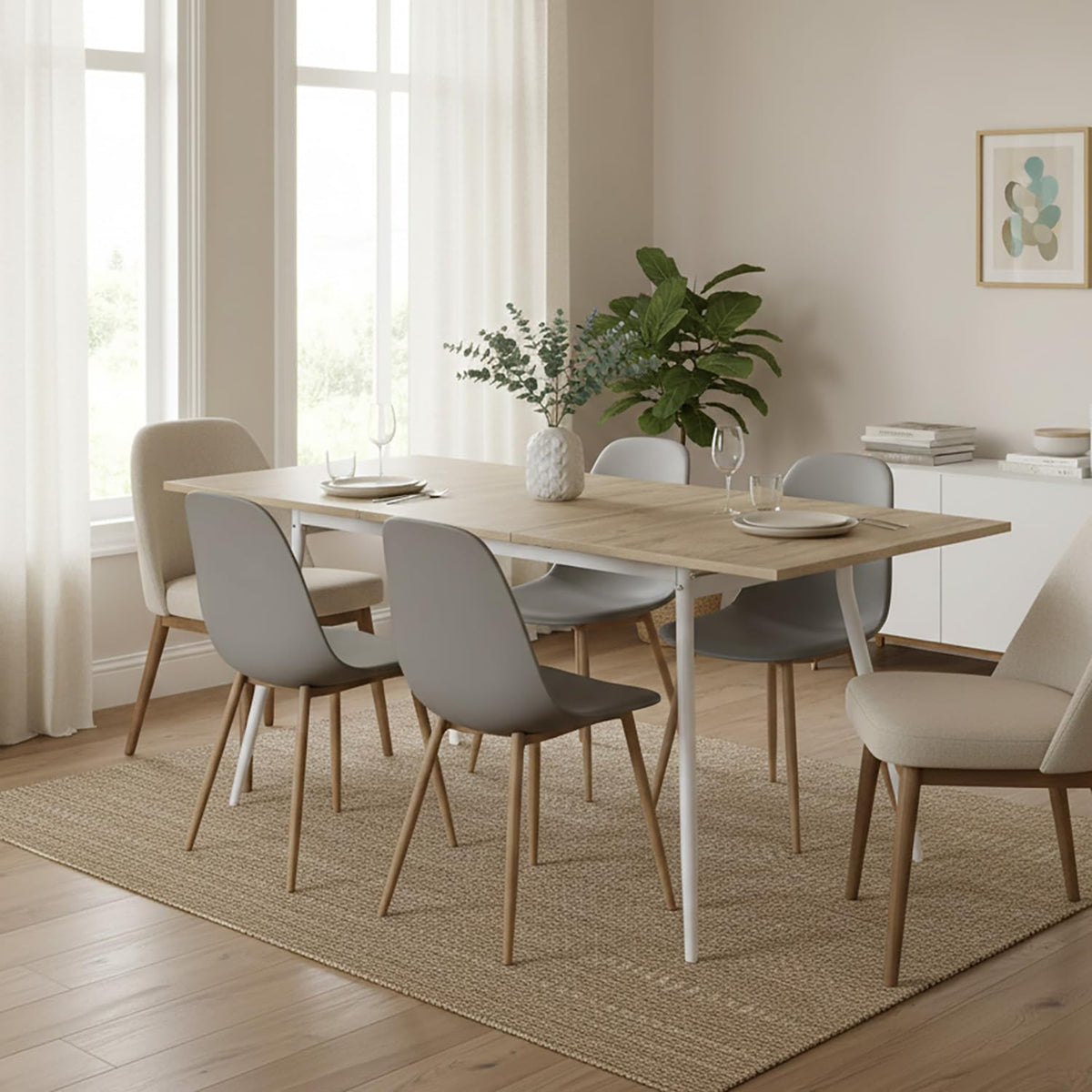 Uittrekbare Eettafel – Keukentafel – Houten Tafel – Eettafel 4-6 Personen – Uitschuifbare Tafel – Scandinavisch Design – Eiken Look – MDF Melamine – Metalen Frame