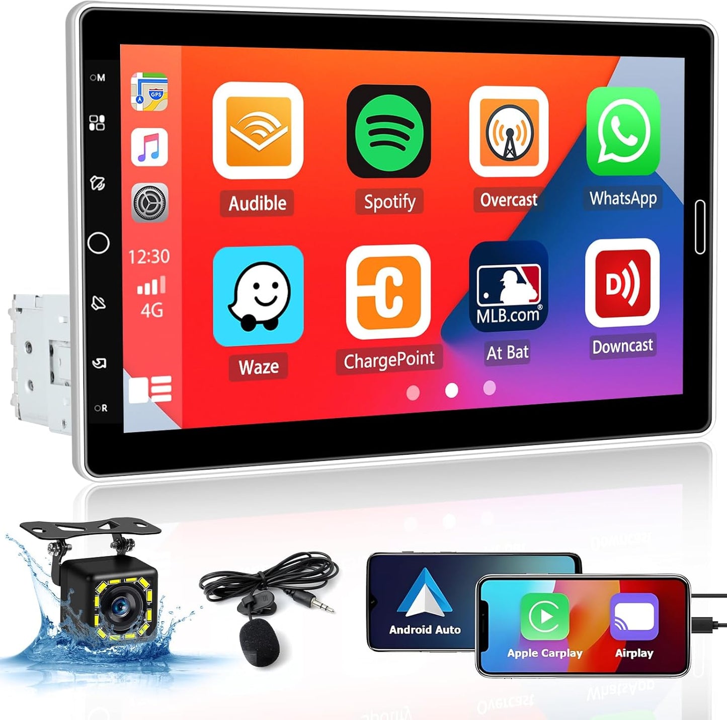 Hikity 10,1 Zoll 1 Din Autoradio mit Apple Carplay Android Auto Bluetooth Freisprecheinrichtung, Abnehmbares Bildschirm Touch Display Car Radio mit Mirror Link FM USB SD AUX + Rückfahrkamera