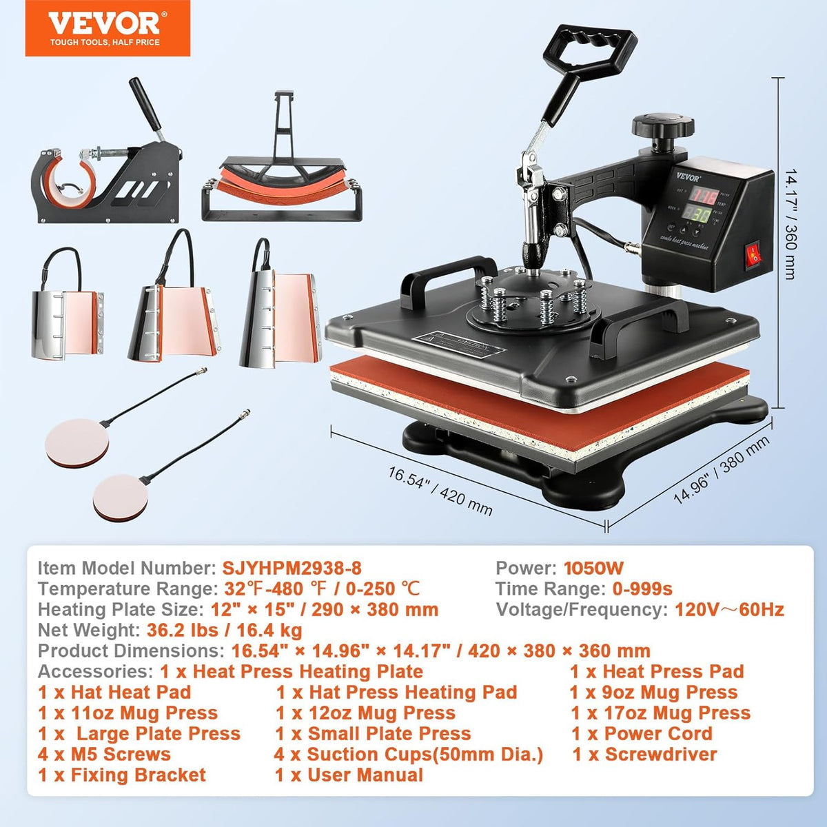 VEVOR 8-in-1 warmtedrukmachine, 38 x 30 cm, met digitaal led-display, zwart, voor hoeden, mutsen, T-shirts, kopjes, borden