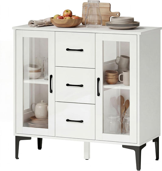 Dressoir – Ladenkast – Opbergkast – Kast – Buffetkast – Modern Wit Design – 3 Laden & 2 Glazen Deuren – Soft-Close Scharnieren & Verstelbare Planken – 90x38x86 cm – MDF & Melamine