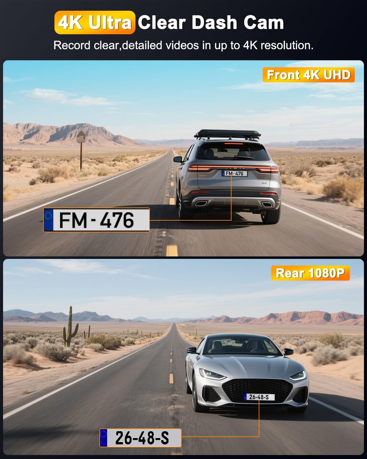 4K Dashcam Voor en Achter – Dashcam Auto – Auto Camera – Autocamera – Dubbele Dashcam – WiFi & App-Besturing – 64GB SD-Kaart Inbegrepen