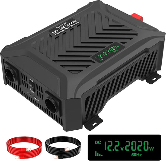 omvormer 12V/24V naar 230V zuivere sinus 2000W/4000W Spanningsomvormer Pure Sine 12v/24v 230v met intelligent detectiesysteem, 2 EU-stopcontacten, 1 Type-C poort, 2.1A USB-poort (12V/24V-2000W)