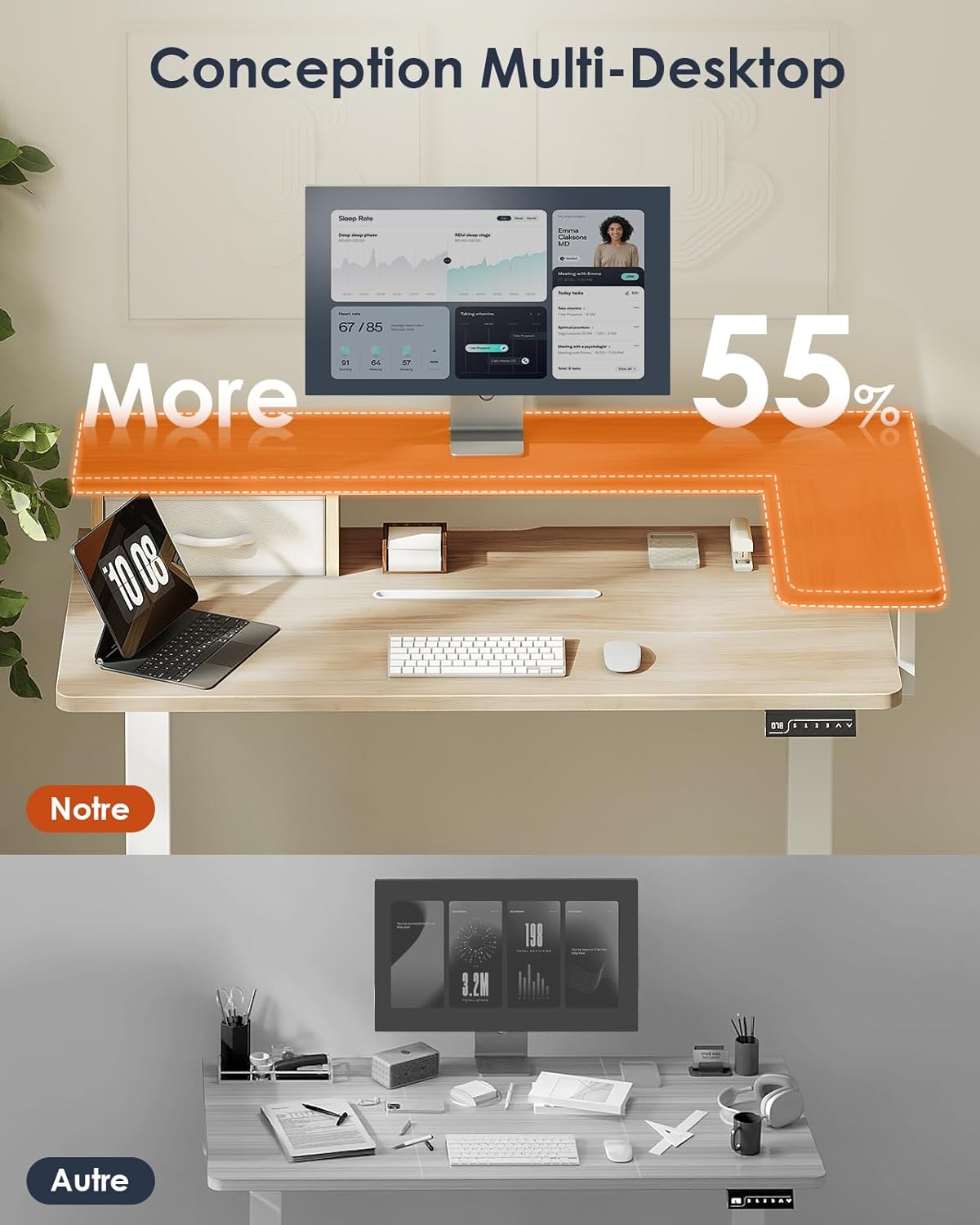 OffiGo Height Adjustable Desk, One-Piece Tabletop, 120x60 Electric Desk with L Monitor Holder, Standing Desk with Drawer, Standing Desk with USB, Ergonomic Computer Desk, Beige - QUORE