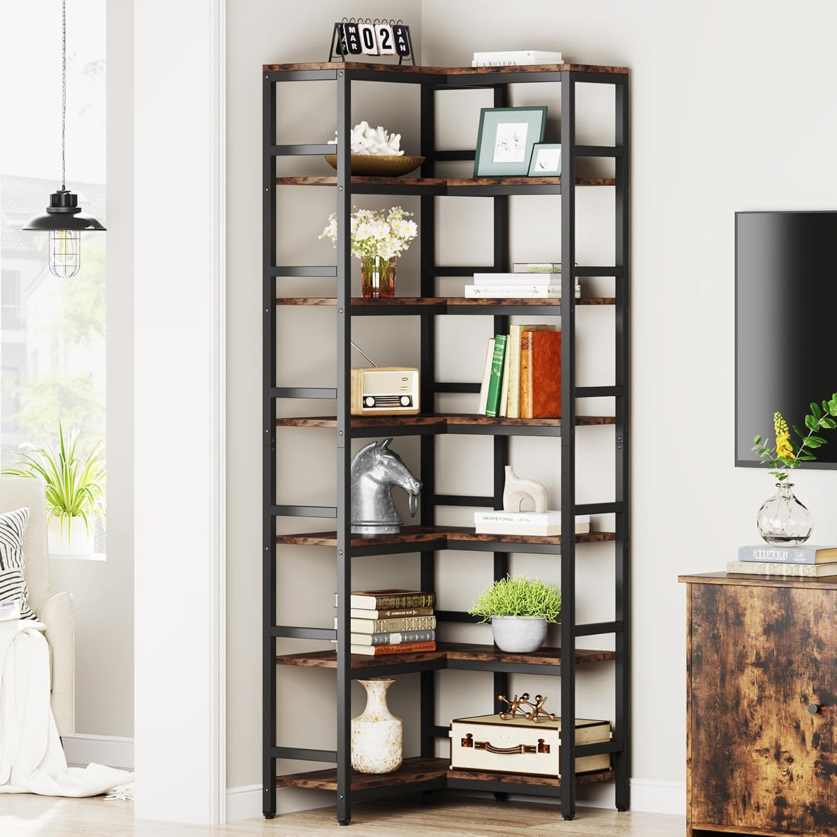 Tribesigns 78.7 inch High Angle Shelf, 7 Tier Industrial Corner Bookcase Storage Display Shelves for Living Room Home Office, Rustic Brown