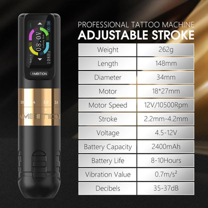 Draadloze Tattoopen – Tattoo Machine – Rotary Pen – Tattoo Cartridge – Tattoomasjien – 6 Verstelbare Slagen 2,2-4,2 mm – 2400 mAh Batterij Met LED Display