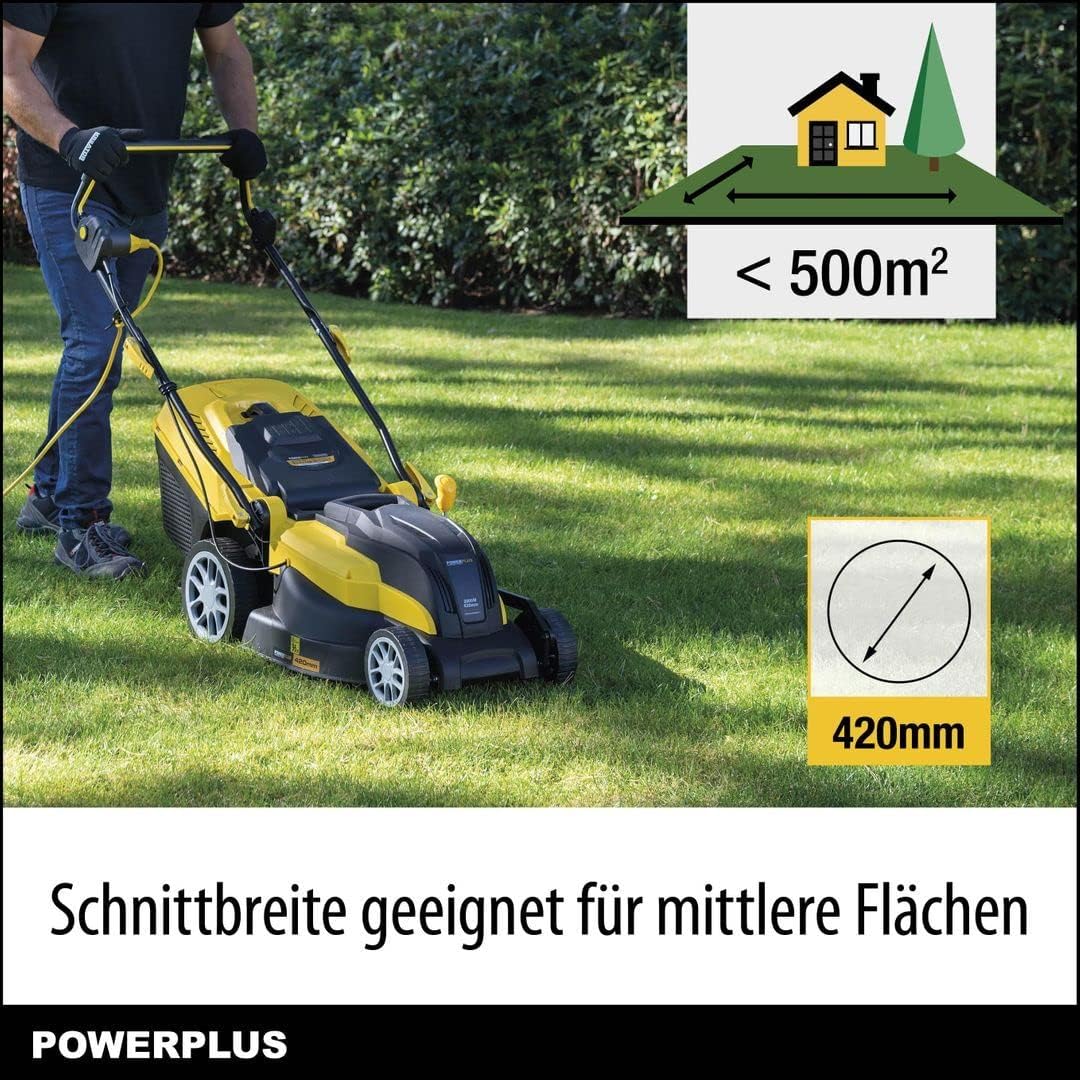 Powerplus POWXG6281 elektrische grasmaaier - 2000 W, 420 mm Ø grasmachine, tuintoestel, met grasopvangsysteem, mulchen en achteruitworp