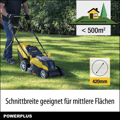 Powerplus POWXG6281 elektrische grasmaaier - 2000 W, 420 mm Ø grasmachine, tuintoestel, met grasopvangsysteem, mulchen en achteruitworp