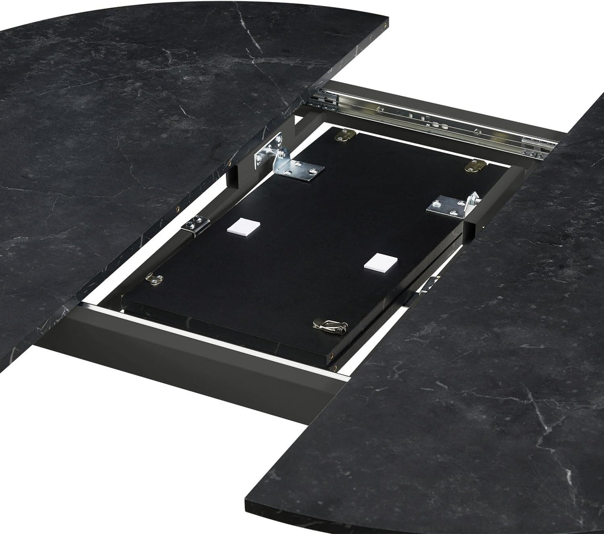 Ronde Eettafel – Uitschuifbare Tafel – Keukentafel – Eetkamertafel – Uitklapbare Tafel – Butterfly Mechanisme – Marmer Look – Zwart Metaal Frame – 120-150 cm – Geschikt Voor 4-6 Personen