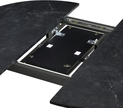 Ronde Eettafel – Uitschuifbare Tafel – Keukentafel – Eetkamertafel – Uitklapbare Tafel – Butterfly Mechanisme – Marmer Look – Zwart Metaal Frame – 120-150 cm – Geschikt Voor 4-6 Personen