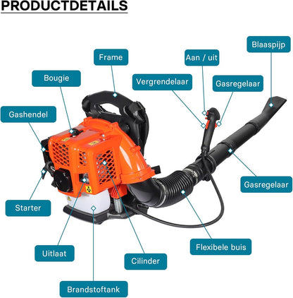 Wiltec bladblazer op benzine 1,7 pk, rugbladblazer met 2-takt-motor, blazer voor bladeren en tuin, tuingereedschap voor bladblazen met bedieningselement aan handgreep incl. mondstukken