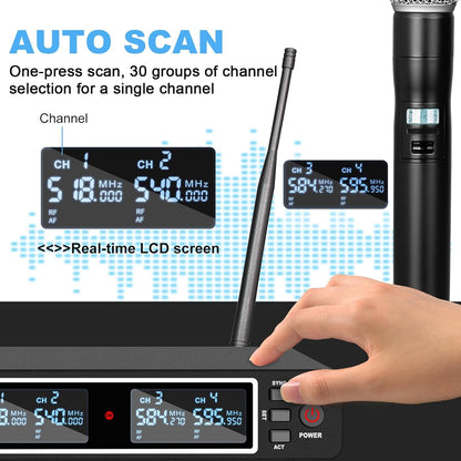 Draadloos Microfoonsysteem 4-Kanaals – Draadloze Microfoonset, Microfoonset, Karaoke Set, Handheld Dynamische Microfoons – UHF Technologie – Bereik Tot 79 Meter