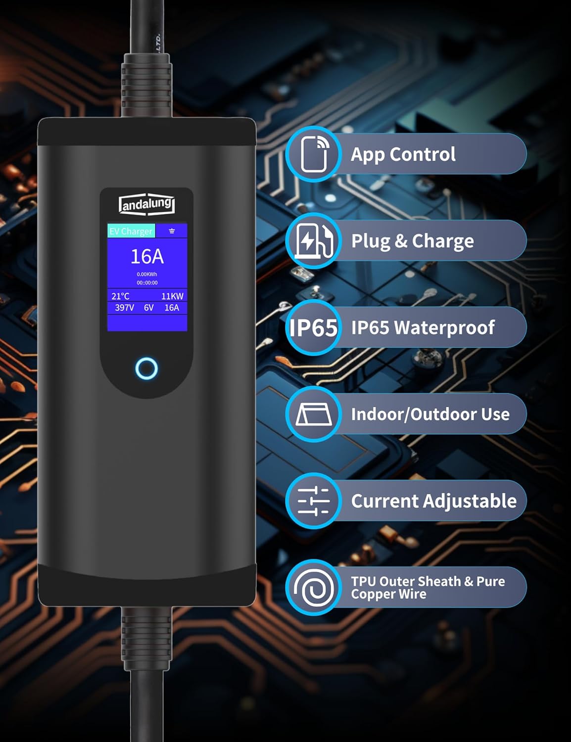 Draagbare EV-oplader, 11 kW, 3-fase, 6-16 A, met instelbare stroom, app-bediening, 7 m kap, IP65-bescherming, compatibel met alle PHEV/EV-voertuigen, wifi, bluetooth, rode CEE-stekker