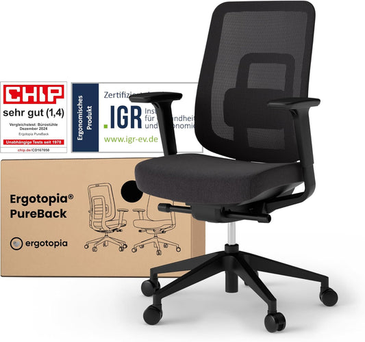 Ergotopia PureBack Ergonomische bureaustoel, ergonomisch met 4D-armleuningen en synchroonmechanisme, voor thuiskantoor, kantoor en gaming, comfortabele draaistoel voor gezond zitten