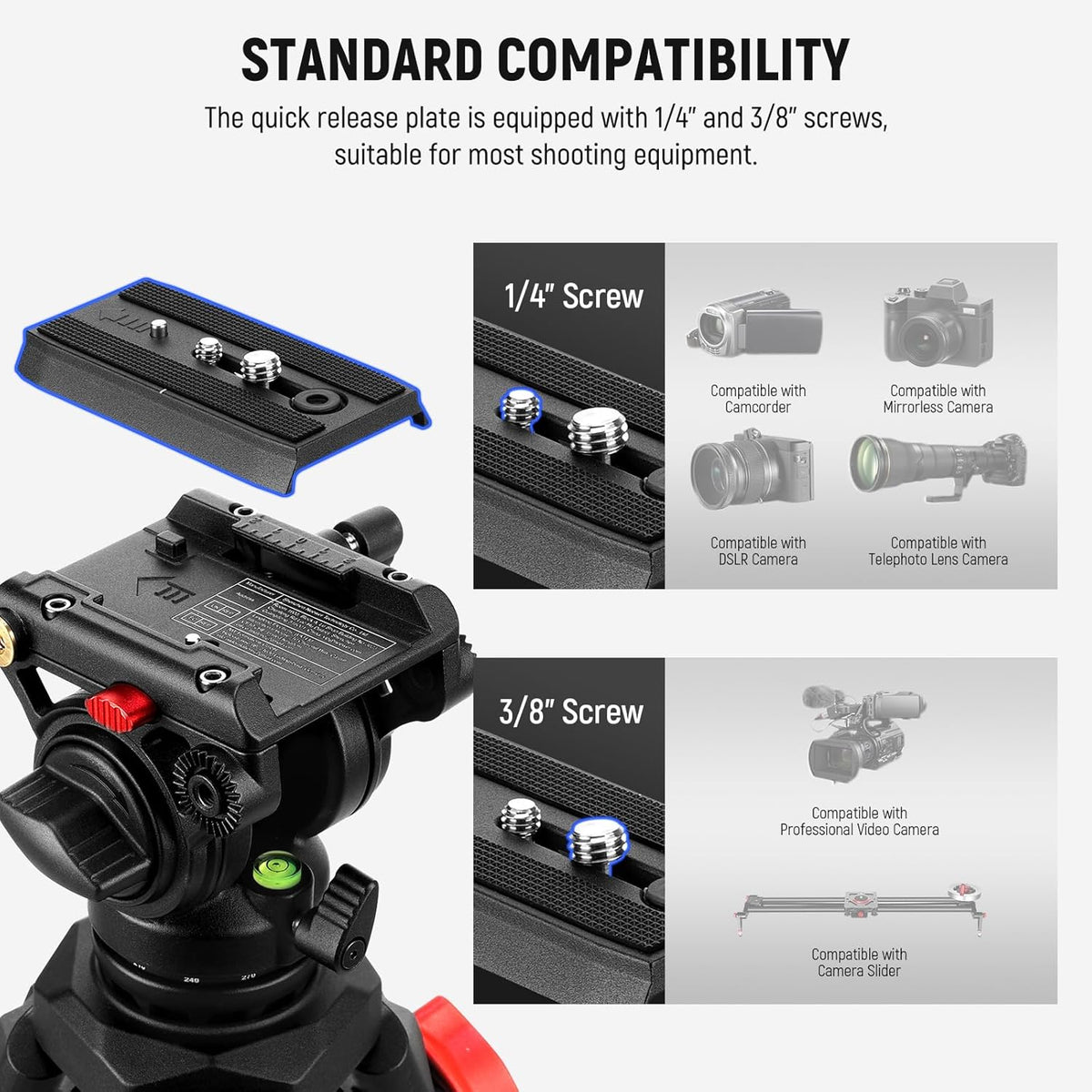 NEEWER Camerastatief met vloeiende kop, robuust, licht, compact, draagbaar, reishouder voor DSLR-camcorder, compatibel met DJI Gimbals, compatibel met Manfrotto QR-platen, max. 13,2 kg, TP73