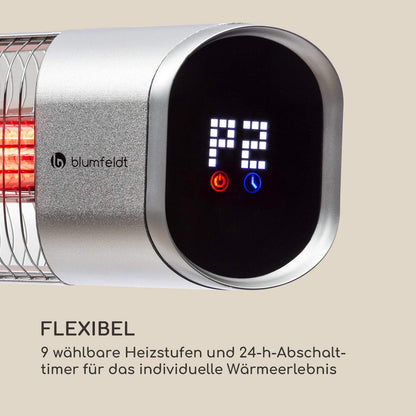 Blumfeldt Dark Wave infraroodstraler, vermogen: 2000 W, MinimalGlare verwarmingsbuis: goudgecoate koolstofbuis, 9 verwarmingsniveaus, 24-uurs timer, IP65, touch-bedieningspaneel en LED-display, zilver