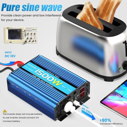 Omvormer Zuivere Sinus 1500W Spanningsomvormer 12v 220v 230v met LED-scherm, EU stopcontacten,USB-poorten Stroomomvormer Piek 3000W