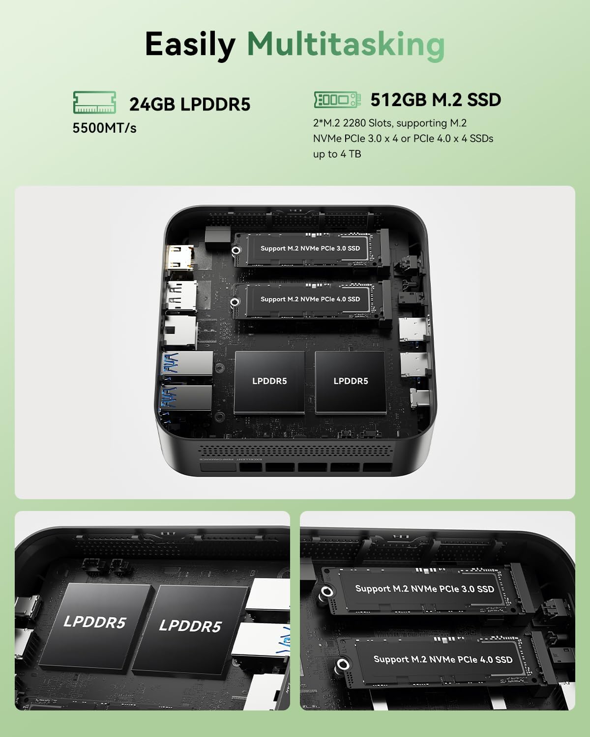 NiPoGi E3B Mini-pc, MD Ryzen 7 7735HS(8C/16T, tot 4,75 GHz), 24 GB LPDDR5, 512 GB M.2 SSD, mini-desktopcomputer W-11 Pro voor school/kantoor, AMD Radeon 680M, WiFi 6, 4K Triple Display.