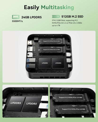 NiPoGi E3B Mini-pc, MD Ryzen 7 7735HS(8C/16T, tot 4,75 GHz), 24 GB LPDDR5, 512 GB M.2 SSD, mini-desktopcomputer W-11 Pro voor school/kantoor, AMD Radeon 680M, WiFi 6, 4K Triple Display.
