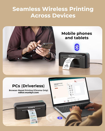 MUNBYN 402B Bluetooth verzendlabelprinter, 4 x 6 thermische printer voor pakketten en kleine bedrijven thuis, compatibel met iPhone, Android, Mac, Windows, Colissimo en UPS, zwart