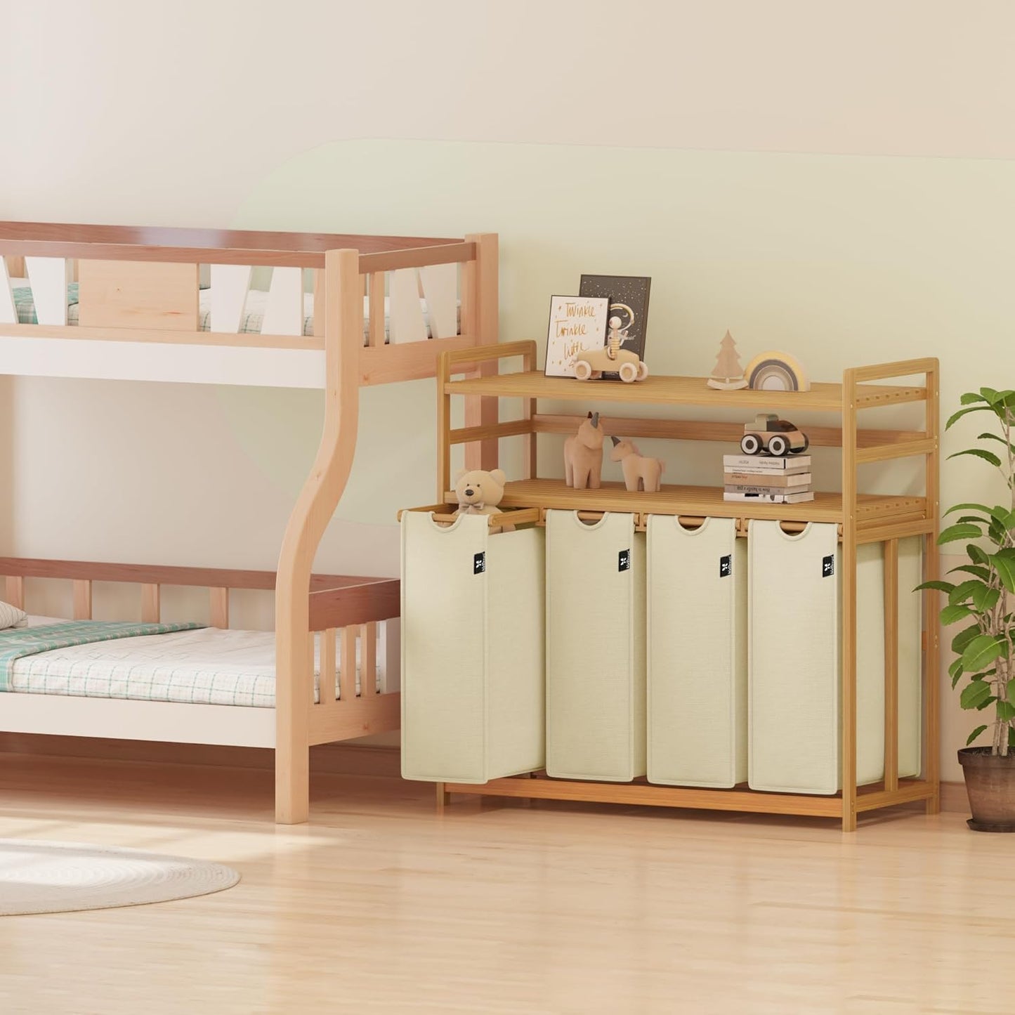 AdelDream Wasmand, 200 liter, 4 vakken, uittrekbare en afneembare waszak, wasmand, bamboe frame, wasmand, wasmand, wasmand, wasmand, wasmand, wasmand, wassorteerder, bamboe (beige-12-8)