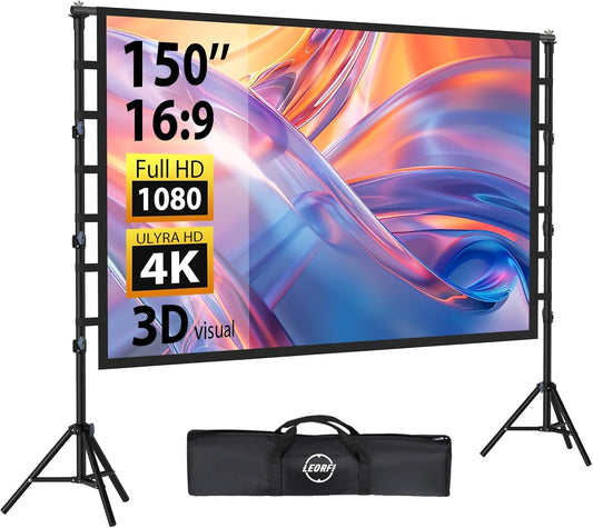 beamerscherm met statief, 150 inch, draagbaar, indoor HD-scherm voor achterzijde, projectiescherm met draagtas, in hoogte verstelbaar, voor camping en thuisbioscoop