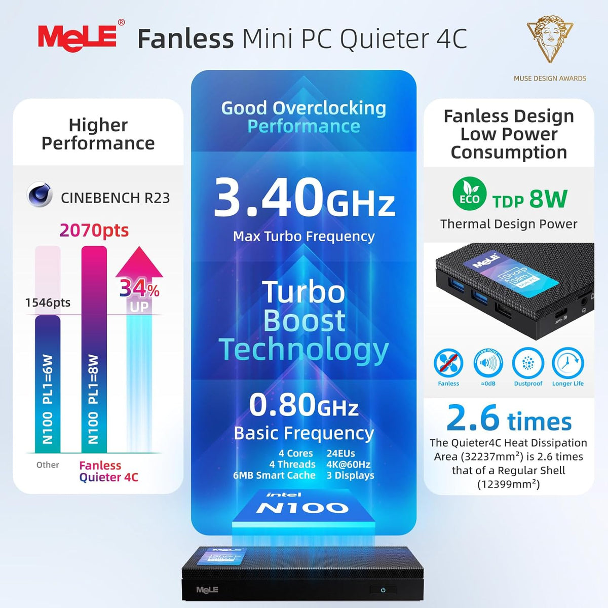 MeLE Quieter4C Mini PC Zonder Ventilator 12e Alder Lake N100 (tot 3,4GHz)16GB LPDDR4x 512GB Desktop Personal Computer Win 11 Pro 4K Drievoudige weergave Dubbel HDMI Alles-in-één USB-C BT5.1 Ethernet
