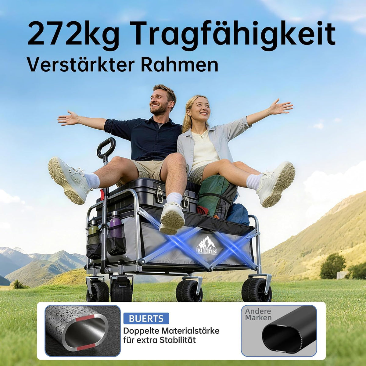 Premium campingwagen met remmen en afneembare wielen, grote transportwagen met 600D Oxford-stof, magnetische handgreep en extra opbergruimte voor camping, strand en tuin (grijs)
