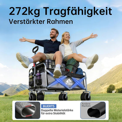Premium campingwagen met remmen en afneembare wielen, grote transportwagen met 600D Oxford-stof, magnetische handgreep en extra opbergruimte voor camping, strand en tuin (grijs)