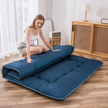 MAXYOYO Japanse futonmatras voor op de vloer, verdikt tatami-slaapkussen, opvouwbare oprolbare slaapzaal mat, mat, vloerligstoel, kussen bed (blauwe hardsteen, tweepersoons)