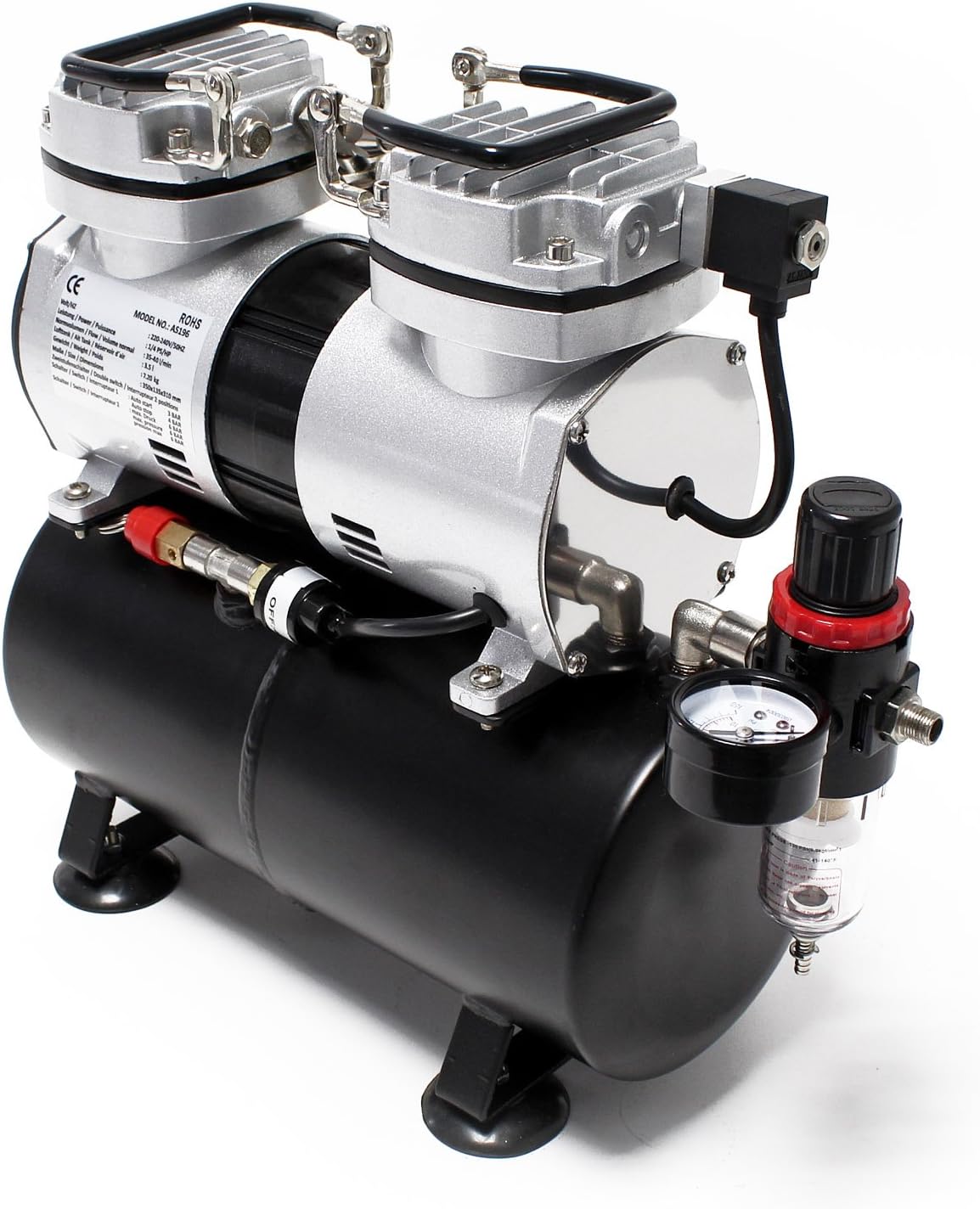 Wiltec airbrush compressor AS196 met luchttank 2-cilinder zuiger 6 bar automatische uitschakelfunctie