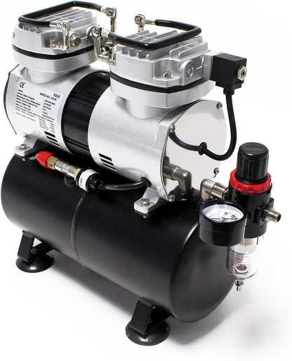 Wiltec airbrush compressor AS196 met luchttank 2-cilinder zuiger 6 bar automatische uitschakelfunctie