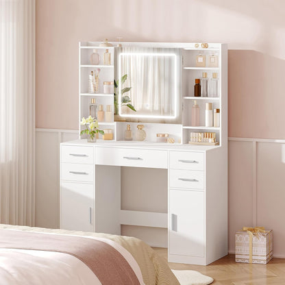 108cm Dressing Table with Mirror, Dressing Table with 3 Color LED Lighting, Makeup Desk with Hidden Shelves, 5 Drawers, 2 Cabinets and 9 Open Shelves, For Bedroom, White - QUORE