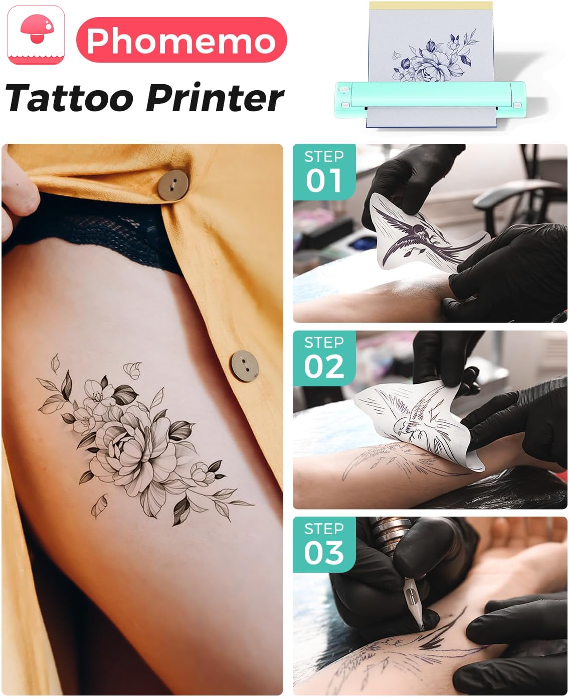 Phomemo M08F Tattoo Stencil Printer, Tattoo Printer Machine with 10 Tattoo Transfer Paper + Storage Box, A4 Tattoo Thermal Printers, Compatible with Smartphone and PC for Beginners, Tattoo Artists - QUORE