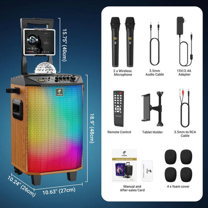 Karaokemachine Voor Volwassenen Bruin – Karaoke Installatie – Bluetooth Luidspreker – PA-Systeem – Partybox – 2 Draadloze Microfoons – LED Discobal En Bluetooth 5.0