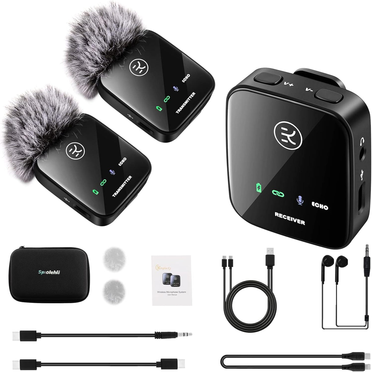 Dual Transmitter Draadloze Lavalier Microfoon met Opbergdoos voor iPhone/Type-C/Camera/Laptop, 2,4 GHz draadloze microfoon met 165 voet stabiele transmissie voor livestream/vlog/interview