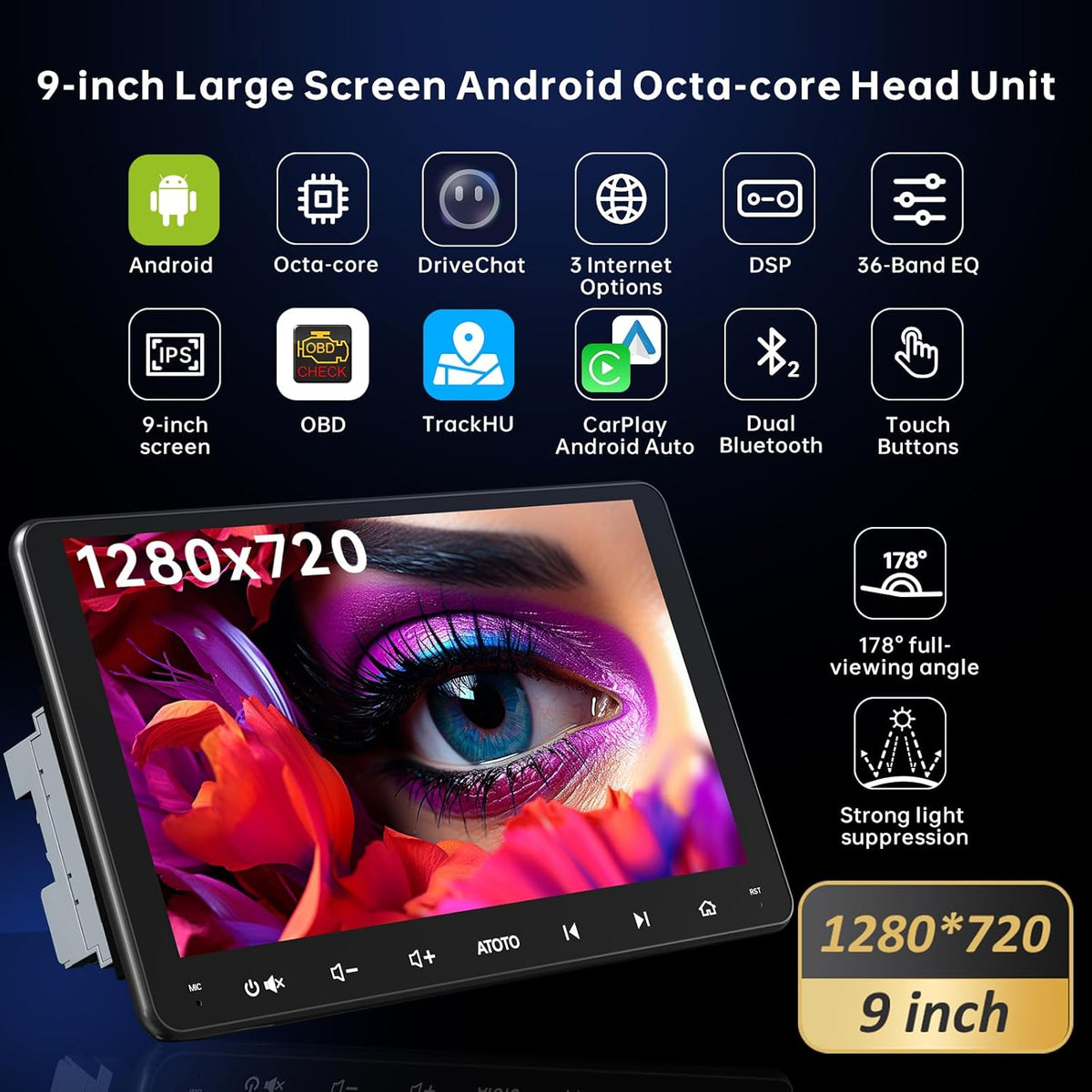 9 inch Android Autoradio – 2-DIN Multimedia Speler – Auto Stereo Systeem – Touchscreen Navigatie – Draadloos CarPlay & Android Auto – Bluetooth OBD2 Diagnosescanner – Octa-Core Processor – 36-Bands DSP Geluidskwaliteit