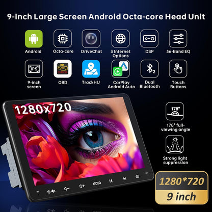 9 inch Android Autoradio – 2-DIN Multimedia Speler – Auto Stereo Systeem – Touchscreen Navigatie – Draadloos CarPlay & Android Auto – Bluetooth OBD2 Diagnosescanner – Octa-Core Processor – 36-Bands DSP Geluidskwaliteit