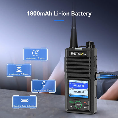 Retevis RB658 Walkie Talkie Bluetooth, APP-instelling, Groepsgesprek, 1800 mAh, USB C, IP54, Draadloze Kloon, Walkie Talkie met draadloze oortelefoon voor de detailhandel (4 Pack, Zwart)