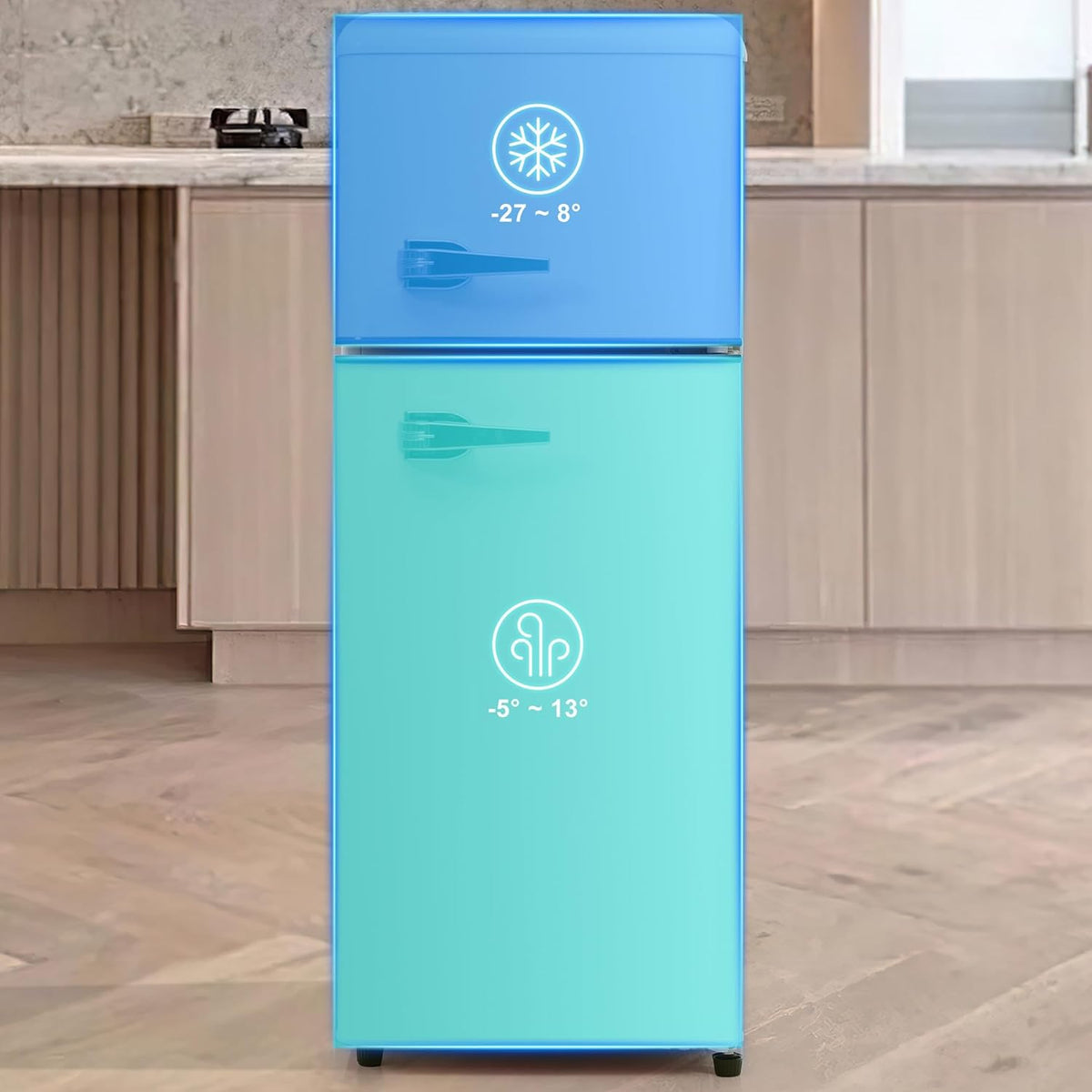 Generisch Retro refrigerator, 92 litres, fridge-freezer, two-door, compact design for kitchen and living room, energy efficiency class D with 7 temperature control - QUORE