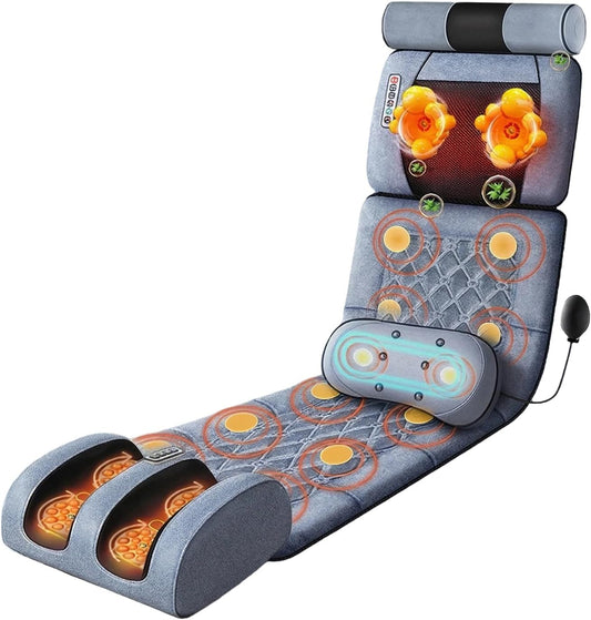 Massagemat voor het hele lichaam met warmtefunctie, massagestoelkussen met 10 vibratiemotoren, suède, elektrische massagepad voor nek, schouders, rug, taille, benen, afneembaar, apart te gebruiken