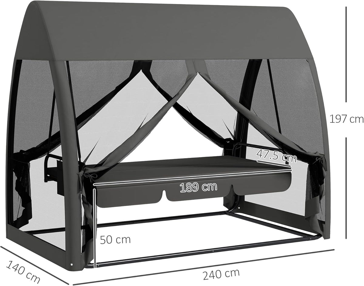 Outsuuny 2 in 1 Hollywoodschaukel mit Liegefunktion 3-Sitzer Gartenschaukel mit Baldachin, Mückennetz, Schaukelbank belast bis 300 kg, Gartenliege für Garten, Terrasse, 240 x 140 x 197 cm, Grau - QUORE
