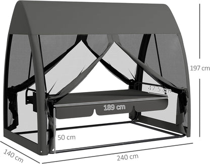 Outsuuny 2 in 1 Hollywoodschaukel mit Liegefunktion 3-Sitzer Gartenschaukel mit Baldachin, Mückennetz, Schaukelbank belast bis 300 kg, Gartenliege für Garten, Terrasse, 240 x 140 x 197 cm, Grau - QUORE