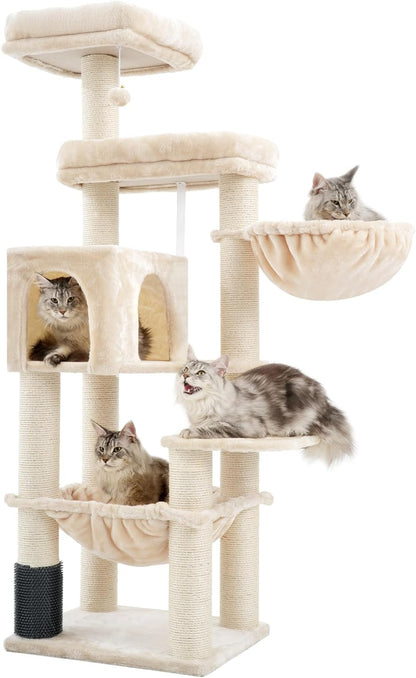 Krabpaal – Kattenboom – Kattenmeubel – Krabmeubel – Krabton – Extra Groot – 168 cm Hoog – 11 cm Sisal Palen – Grote Hangmatten – Beige - QUORE