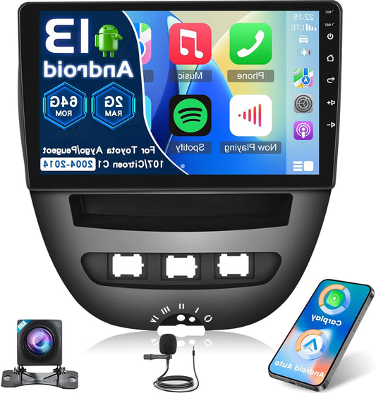 2G+64G Android 13 Car Radio for Toyota Aygo/Peugeot 107/Citroen C1 2004-2014, 10.1 Inch Touch Screen Stereo, Wireless Carplay & Android Auto/GPS/WiFi/Bluetooth/EQ/FM RDS Radio - QUORE