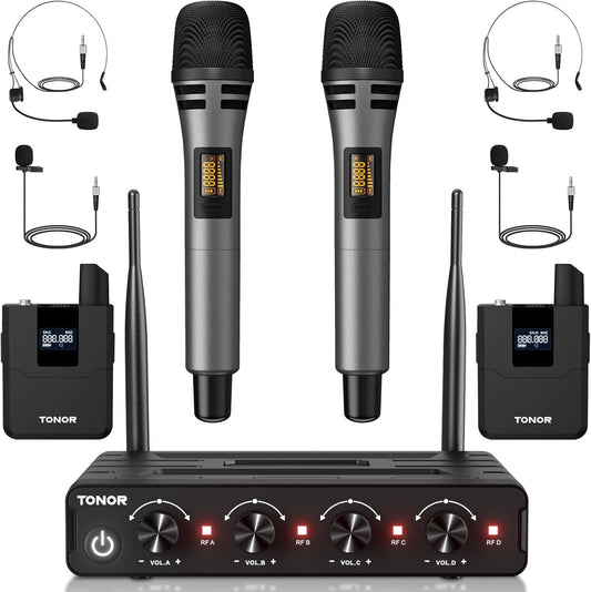 Draadloze UHF microfoonset met 4 zenders – Handmicrofoon – Bodypack zender – Headsetmicrofoon – Lavaliermicrofoon – Bereik tot 60 meter – 5 Instelbare Kanalen